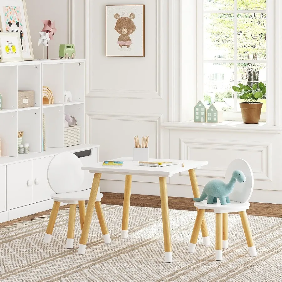 UTEX Juego de mesa y 2 sillas para niños pequeños, niños y niñas, juego de mesa y sillas para niños de 3 piezas, color blanco, ideal para salas de juegos y comedor