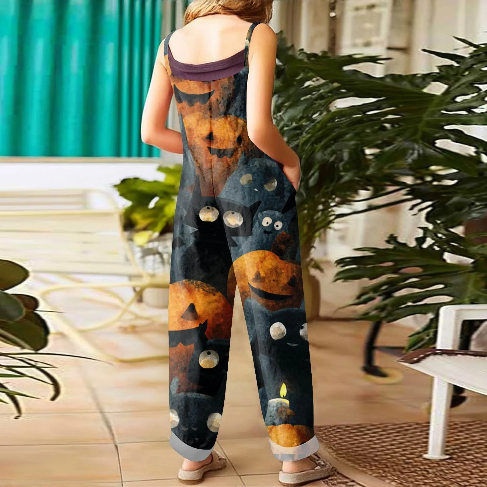 بذلة نسائية للهالوين ملابس مطبوعة برسوم كارتونية كبيرة على شكل رأس اليقطين كاجوال فضفاضة من القطن والكتان مع جيوب