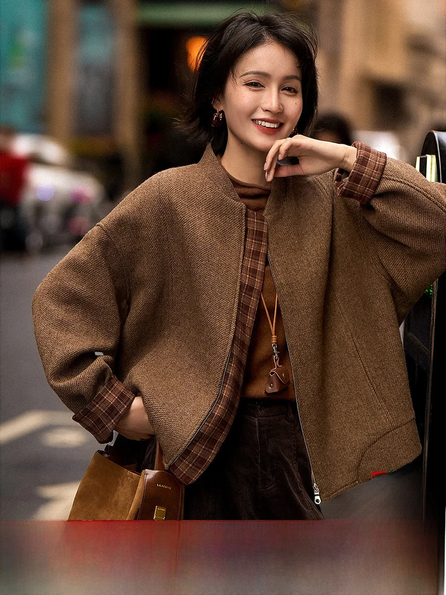 

Xhange Autumn Casual Woolen Coat Ladies' Long Sve Plaid Splicing Soft but Bonel Women's Outerwear Faionable Coat
