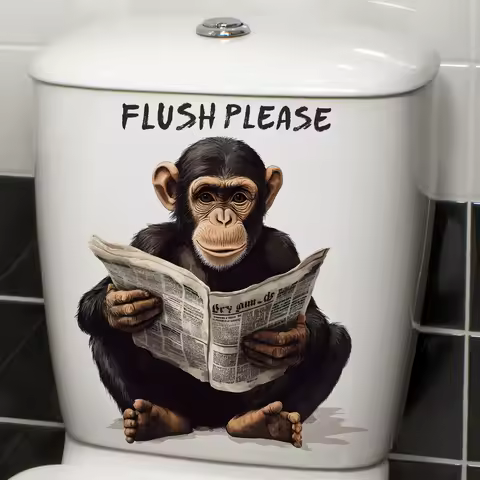 Creative Funny Chimpanzee Reading Newspaper Toilet Sticker, "FLUSH PLEASE" Self - Adhesive Decal for Bathroom Toilet Decoration