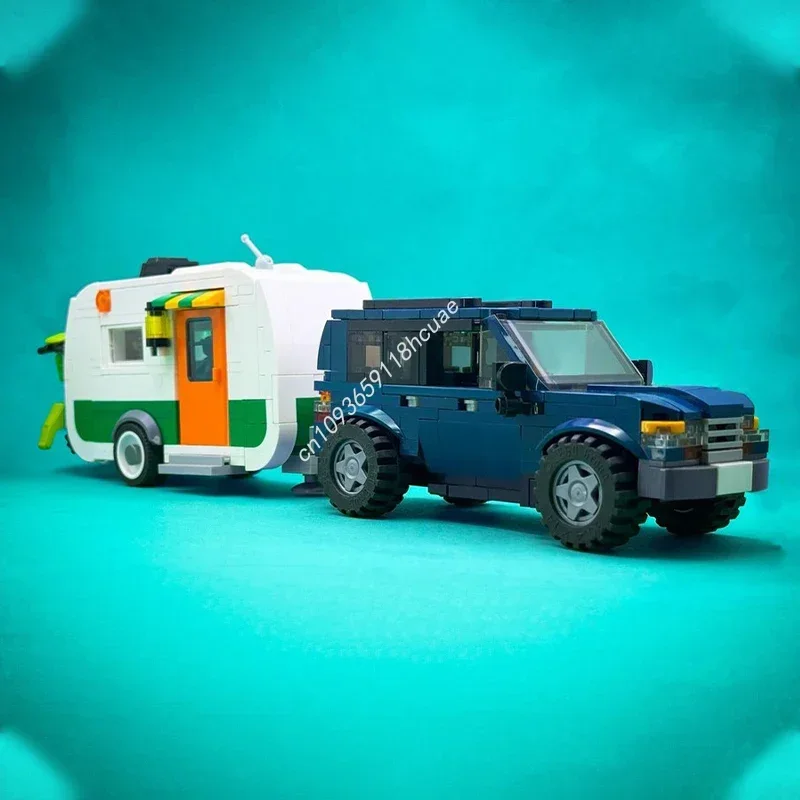 582pcs MOC Toy Land Cruiser Pull Behind Camper City Champions Supercar Model Building Blocks Idea Modular Toys Festival Gifts