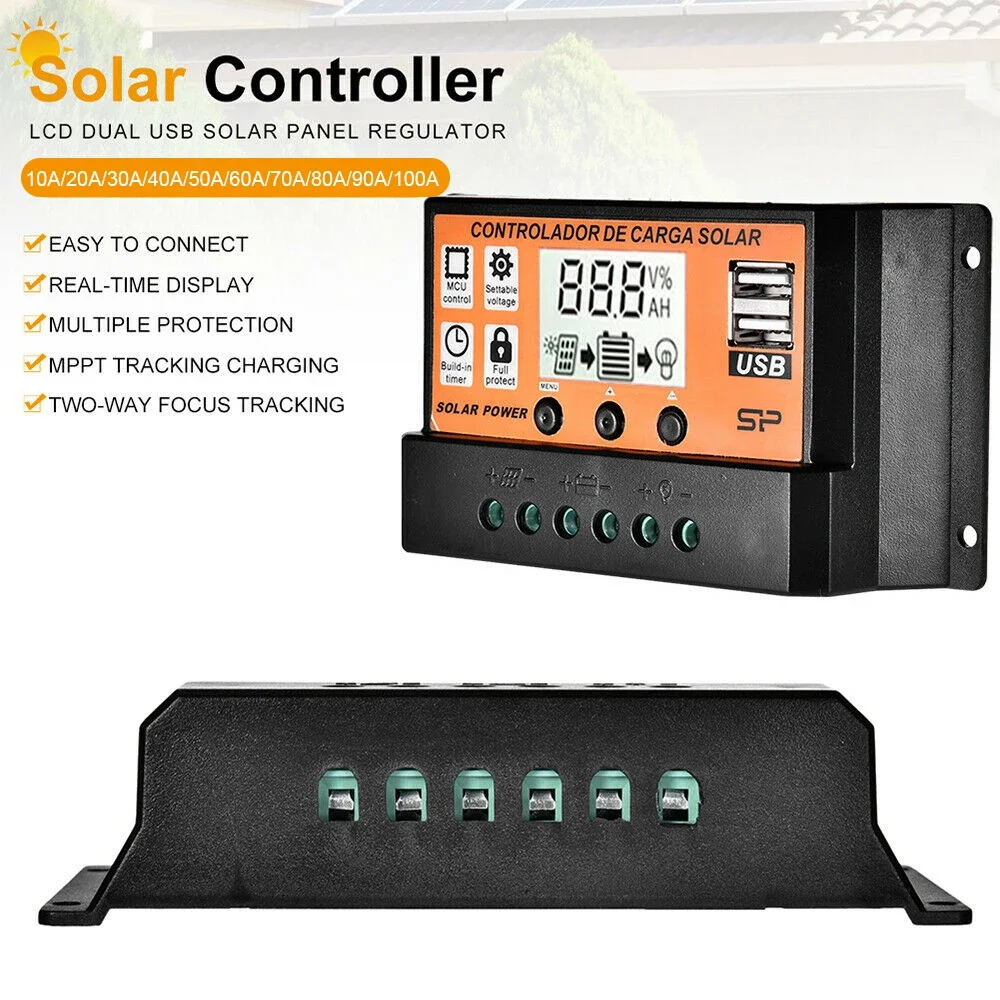 Smart MPPT Solar Regulator 30A/50A/100A with Auto Temperature Compensation LCD Display Dual USB for Solar Power System
