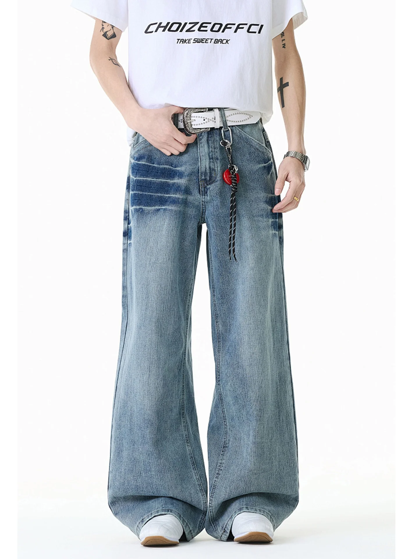 Retro Washed American High Street Straight Leg Jeans Loose Wide Leg Casual Jeans Thunder Stripe Pattern Youth Popular Jeans