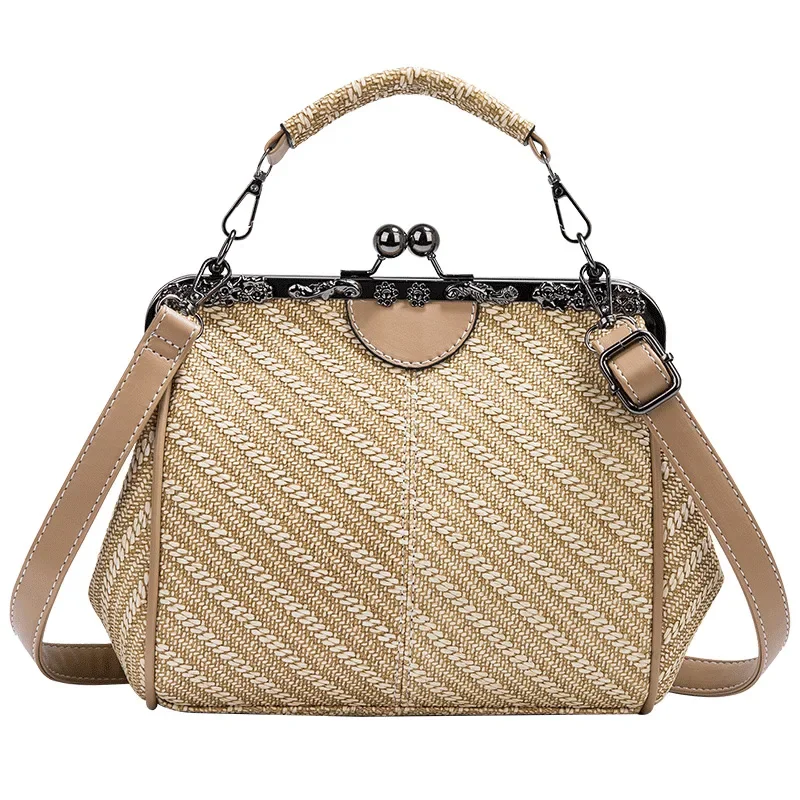 Vintage Top Handle Crossbody Bag 2024 Women Fashion New Solid Color Kiss Lock Slip Purse Stitching Texture Crossbody Bag