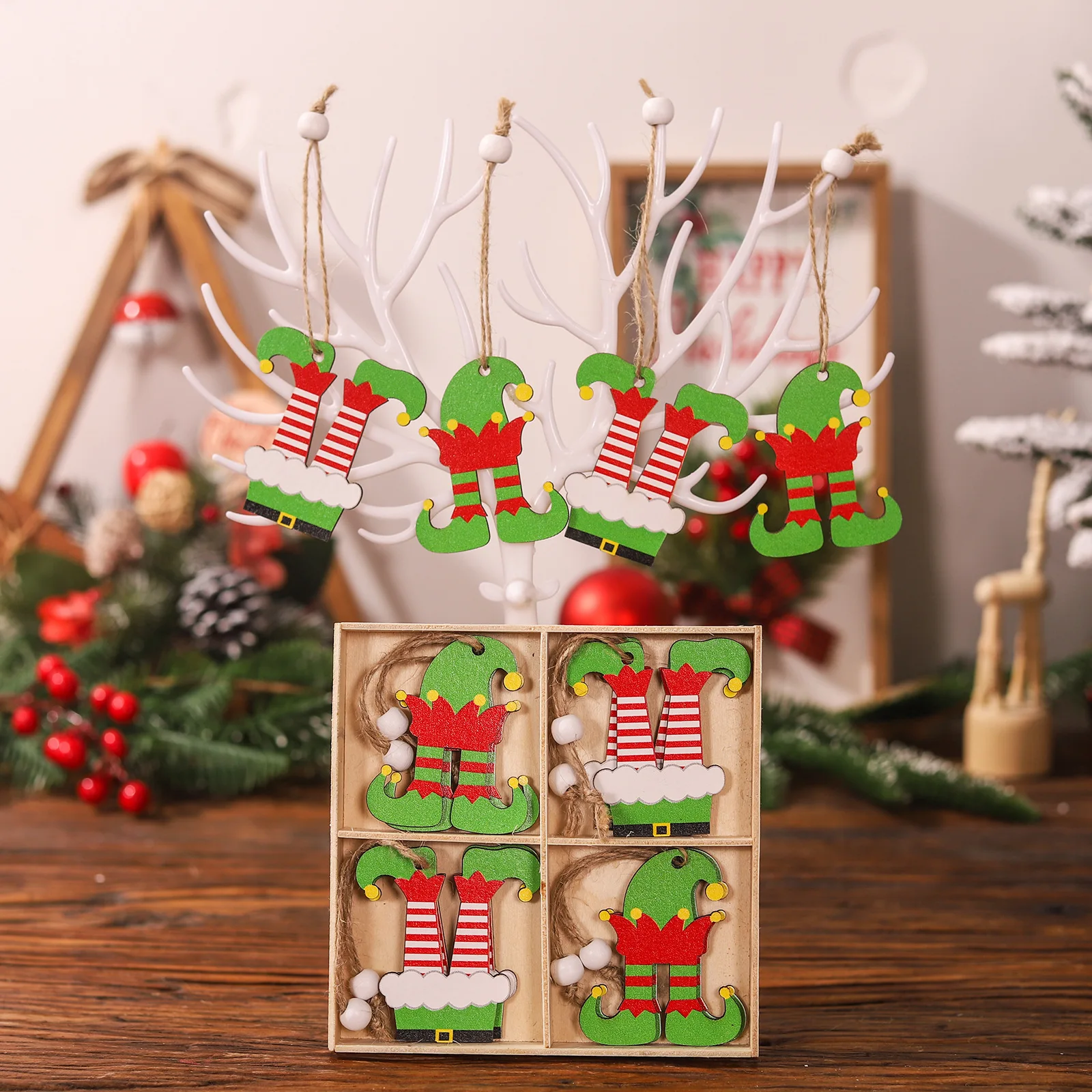 New 12pcs/box Colorful Elf Doll Wooden Christmas Pendants Christmas Tree Hanging Xmas Ornaments 2024 New Year Kids Gift