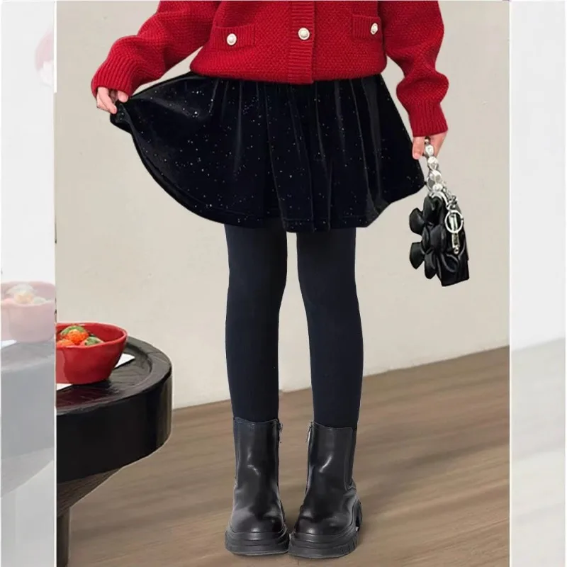 UNITIM Girls Fake Two-Piece Skirt Leggings Autumn Winter Velvet Fleece Lined Warm Kids Base Pants Toddler Half Skirt Trousers