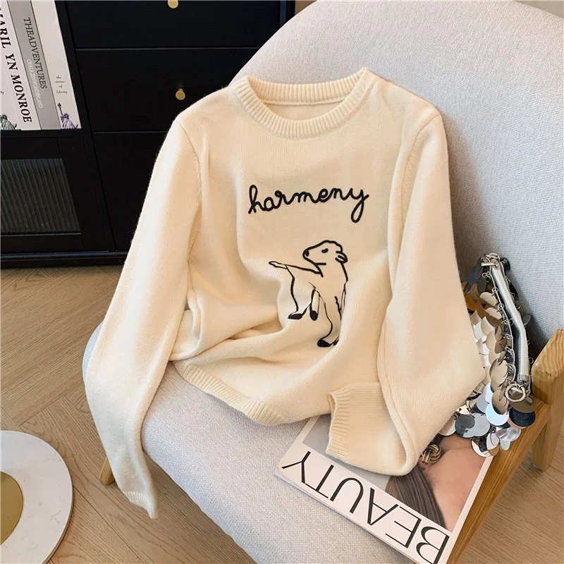 

Women's Apricot Pattern Knit Pullover Sweater Harajuku Vintage Loose Y2k O-Neck Long Sleeves Cashmere Sweater 2000s Clothes 2025