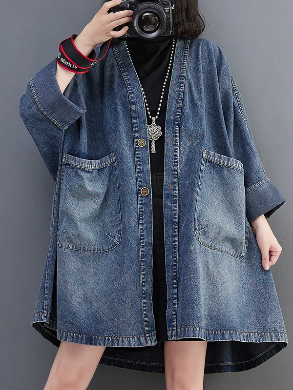 

Vintage V-Ne ket Denim Jaet Loose Midi Length Coat Spring Summer Brand Tailor Commute Sle Long Sve Single Button