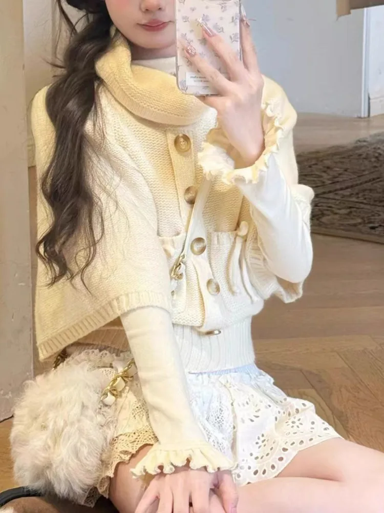 Korean Fashion Design Slim Fit Top Sets Women Sweet Knit Cardigan + Base Tops Two Piece Set Harajuku Casual Clothes 2025 Winter