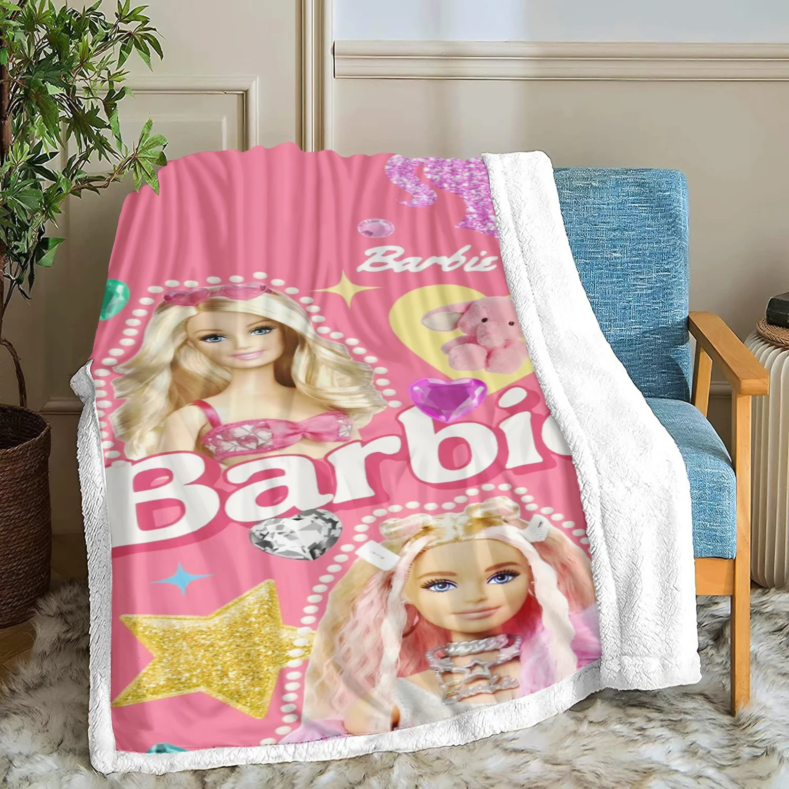 Cartoon Barbie Custom Blanket Modern Kawaii Furry Children Printed Fluffy Plush Cute Pink Disney Printing Room Decor Princess