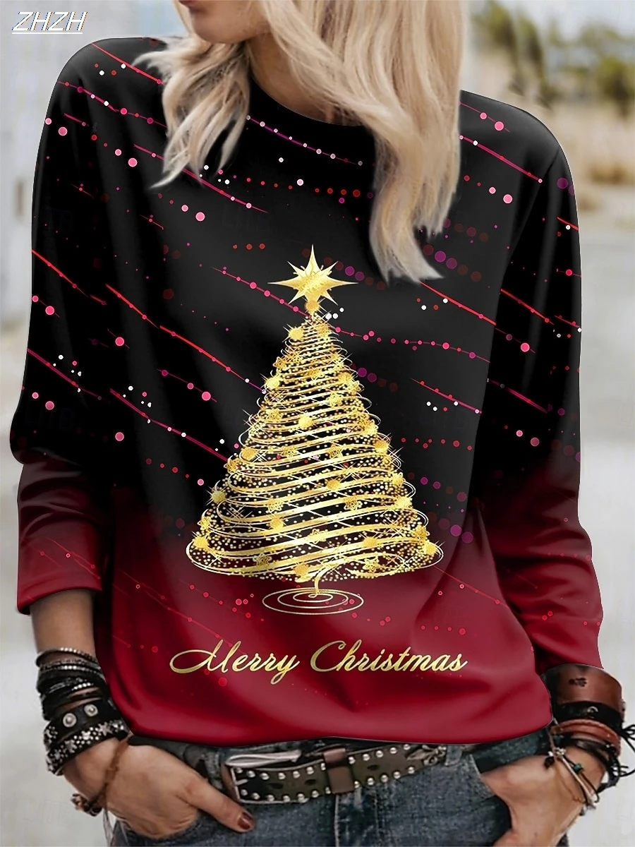 

2025 Women's Christmas Tree Print Long Sleeve, Vintage Holiday Gift Top, Festive Party Crew Neck, All Seasons Fashion Wears