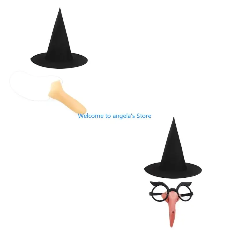 X4YC هالوين الساحرة تأثيري اكسسوارات المرأة الساحرة زي قبعة الساحرة والأنف الاصطناعي مجموعة للنساء حفلة تنكرية تأثيري