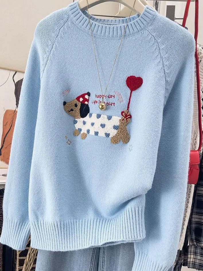 Suéter de punto de lana suave para mujer Otoño Invierno redondo Ne Long Sve bordado Casual Sle ajuste cómodo Faion Top