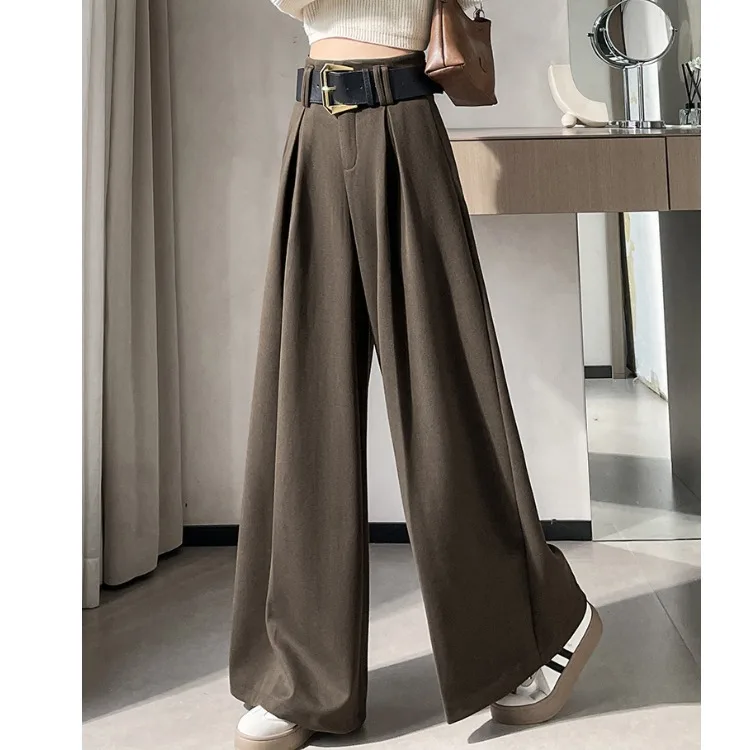 ارتفاع الخصر Fce اصطف الصوفية واسعة الساق السراويل النسائية دعوى عادية مستقيم الساق الطابق طول بنطلون الخريف الشتاء Faion #3