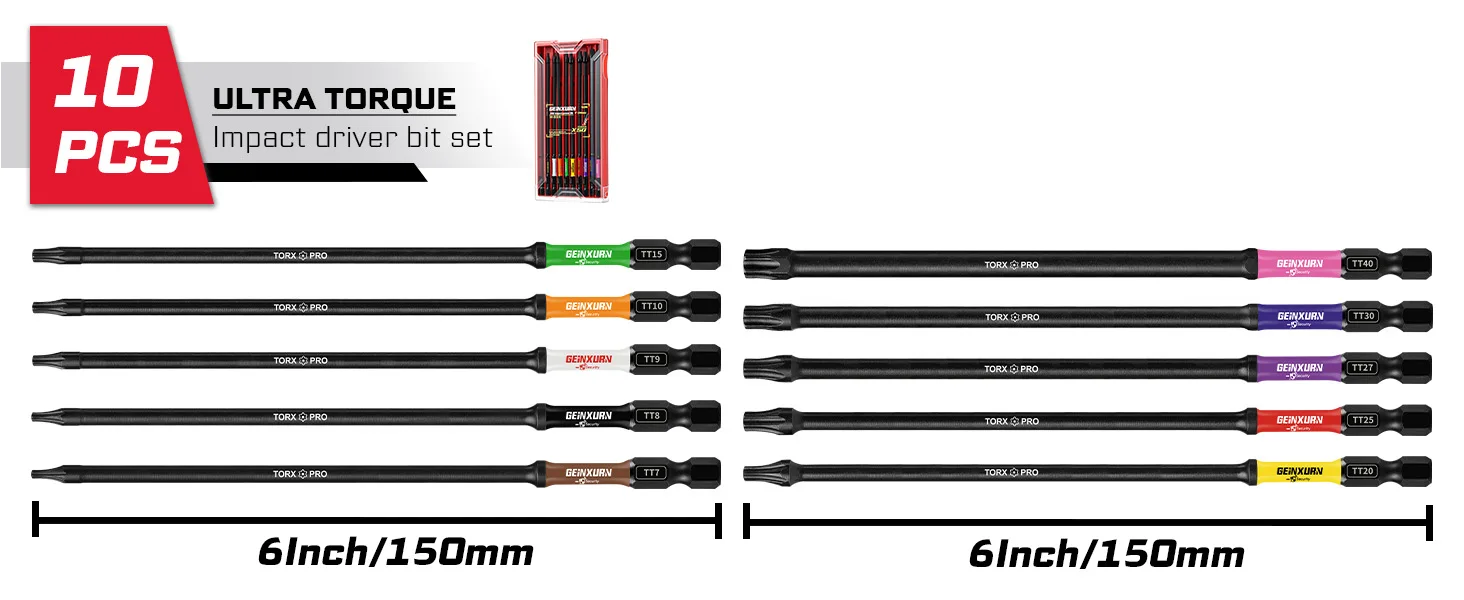 Geinxurn 10-teiliges UTLTRA TORQUE Schraubendreher-Bit-Set mit Mechanikbox, 6" magnetische S2-Stahl-Bits mit farbcodierter Basis – Detail 1
