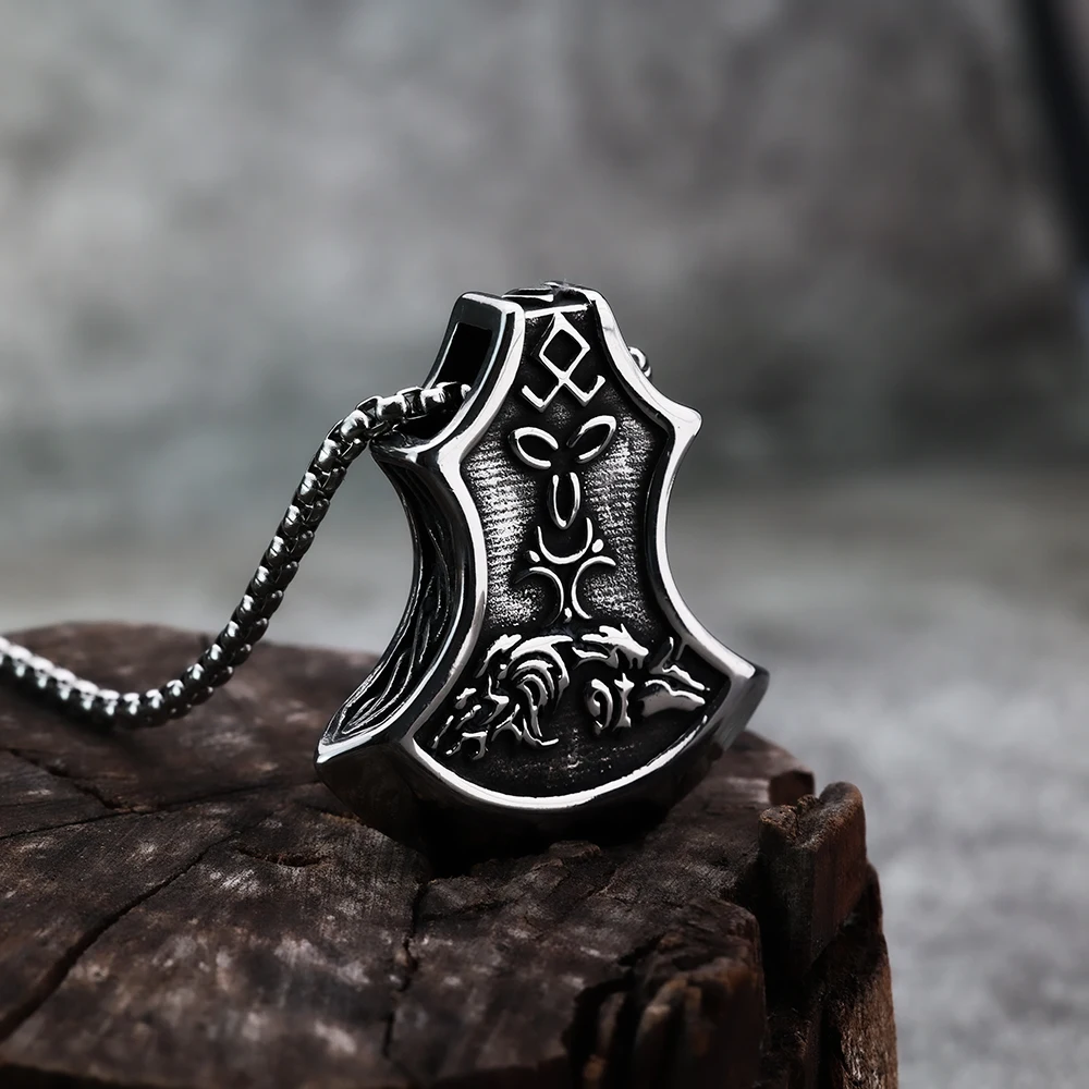 Viking Wolf Axe Titanium Steel Pendant Rune Stainless Steel Men's Dominant Pendant Necklace European and American Jewelry