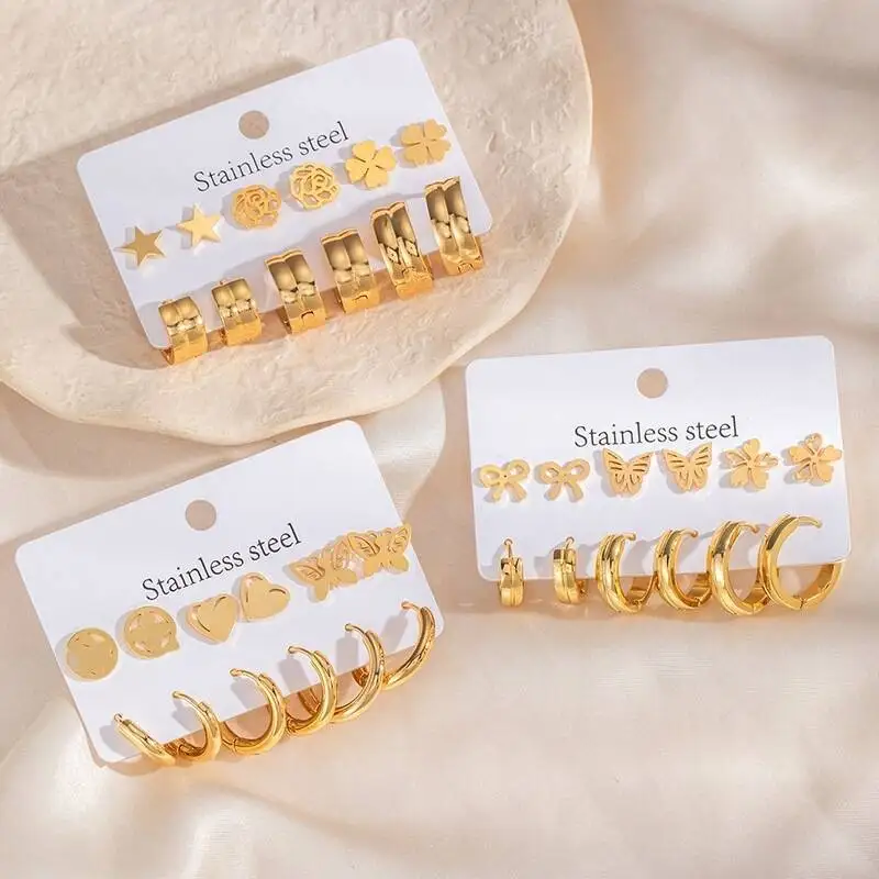 Vintage Gold Stainless Steel Earring Pack for Girls, Multi-style Tiny Studs Huggie Hoop Earrings,  Nickel Free Daily Jewelry Set