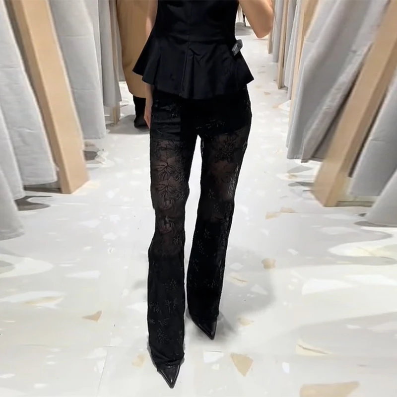 مثير شبه شفافة الدانتيل السراويل للنساء مطاطا حزام منتصف الخصر بنطلون 2025 جديد عصري Y2K حبة التطريز السراويل الطويلة