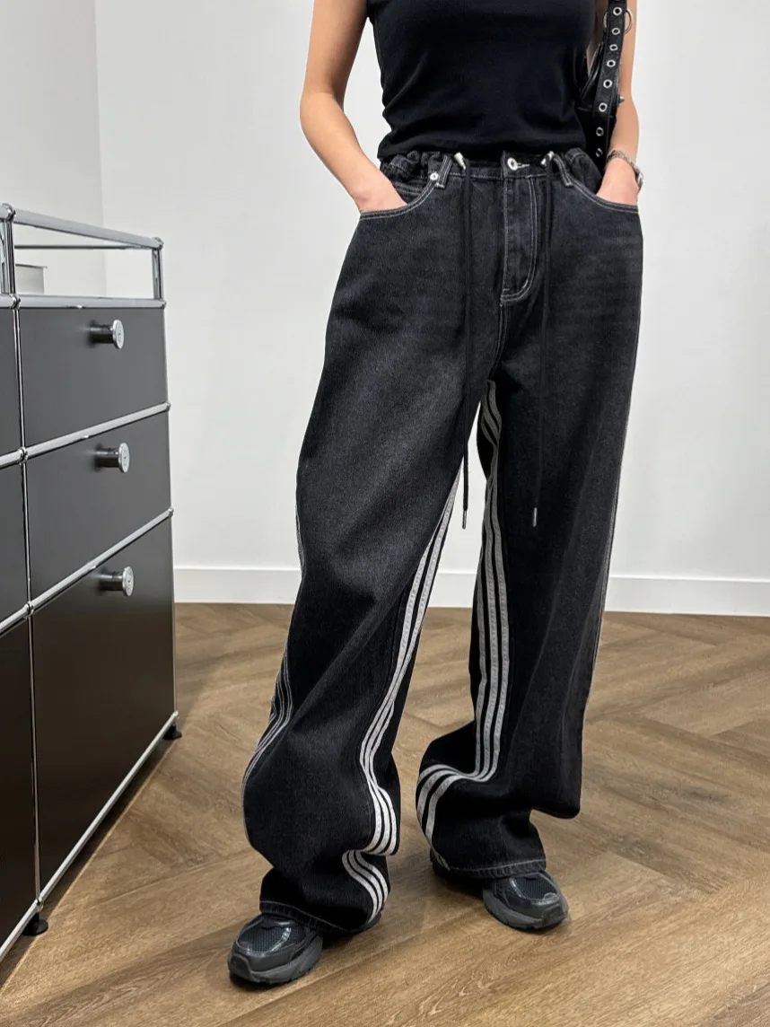 

Retro Waed Spliced Denim Jeans Women's Casual Waist Cinching Loose Straight Leg Long Trousers Trendy Deep Color Jeans