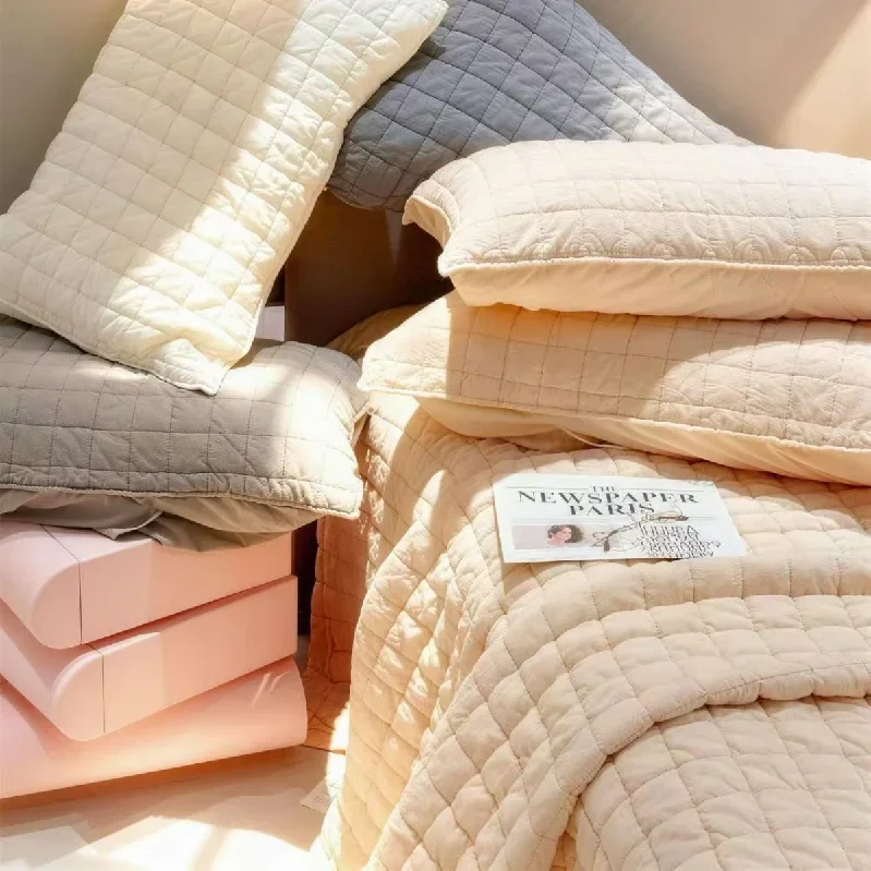 100% Cotton Sandwashed Puff Quilt Set 3Pcs, Soft Solid Color Small Square Thickened Quilted Bedspread with Pillowcase,Home Decor
