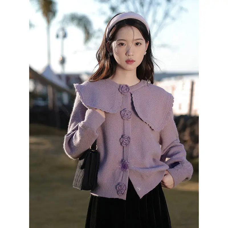 

Autumn Winter New Design Sense Purple Doll Collar Sweater Coat Women Loose Outside To Wear Long Sleeve Knitted Cardigan