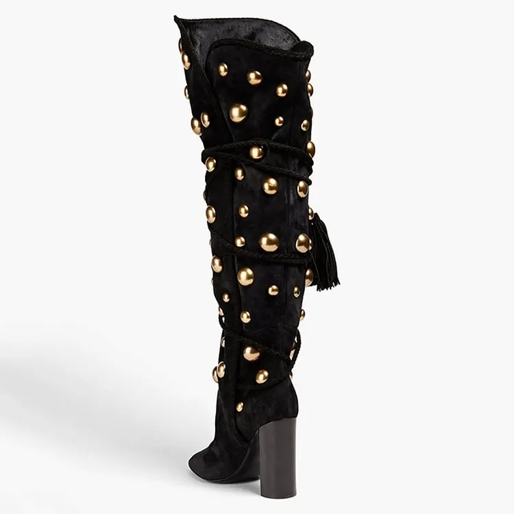 Studs Knee Boots Black Pointed Toe Velvet Shoes Women\'s Chunky Heel Tassel Fringe Metal Ball Cool Girl Punk Women Winter Boots