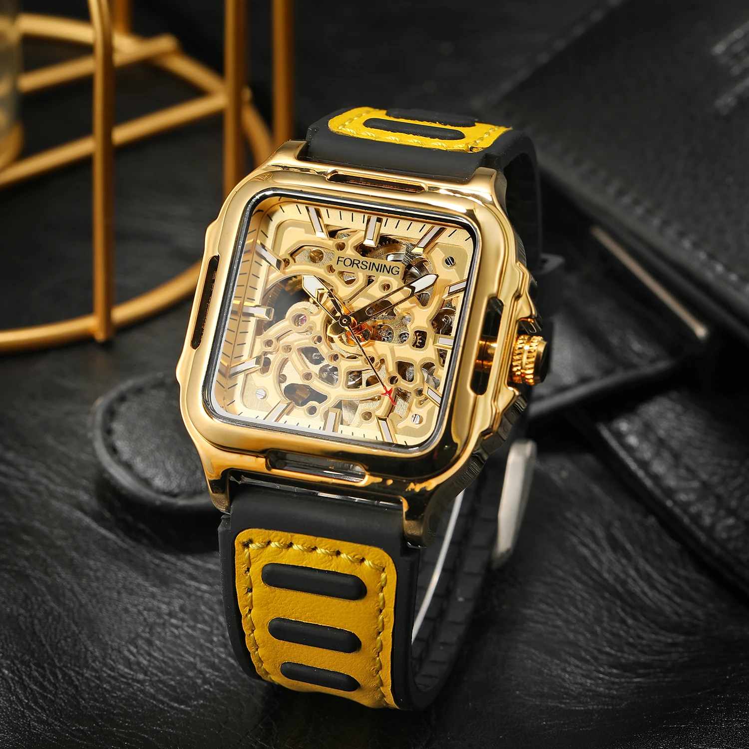 

Forsining Original Square Skeleton Mechanical Men Watches Automatic Movement Field Sport Yellow Rubber Luxury Replica Male Watch