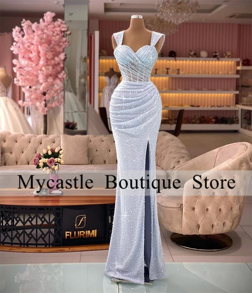 Luxury Blue Beaded Lace Evening Dresses 2025 Elegant For Women Side Slit Mermaid Prom Gown Celebrity Dress Customized