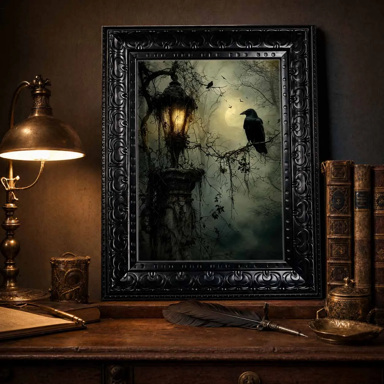 Halloween Wall Art, Framed Canvas Wall Art Gothic Crow Vintage Lantern Print for Dark Academia Spooky Moody Home Decor - view 3