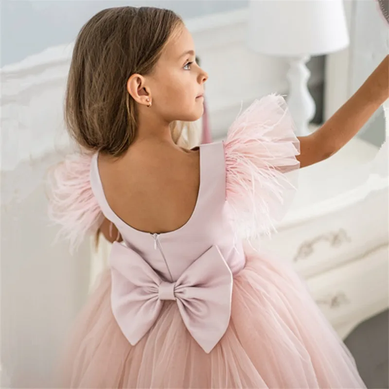 Puffy Pink Flower Girl Dress Pearl Sleeves Princess Dress Girl Brithday Party Dress Girl Dress Baby Girl Dress Frist communion