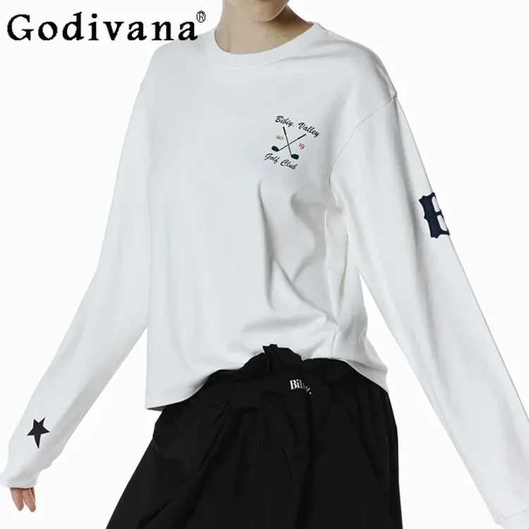Autumn New Japanese Sweet Long Sleeve T-Shirt for Women Fashion Casual Letter Embroidery Crew Neck Loose Commuter Cute Tops
