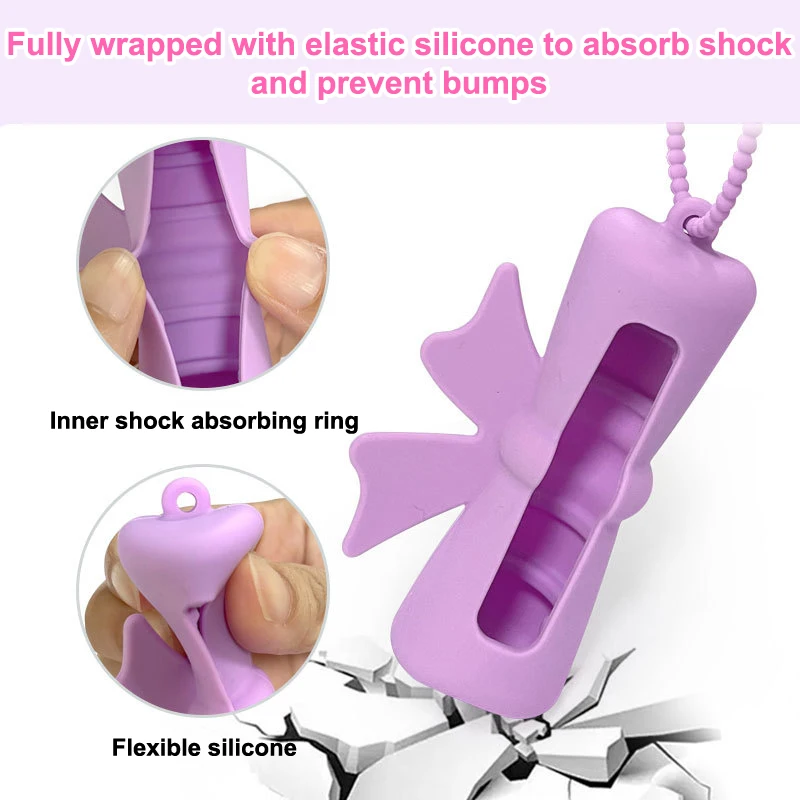 Portachiavi con copertura per rossetto in silicone a forma di arachidi con fiocco, borsa portaoggetti portatile per rossetto in tinta unita, porta balsamo per labbra leggero