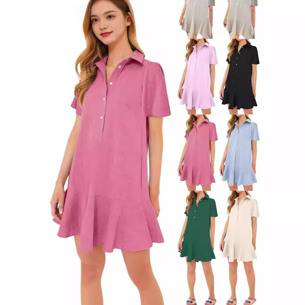 المرأة قميص فضفاض فساتين قصيرة الصيف عادية كم قصير القطن الكتان فساتين فضفاضة مستقيم الكشكشة تي شيرت فستان للنساء