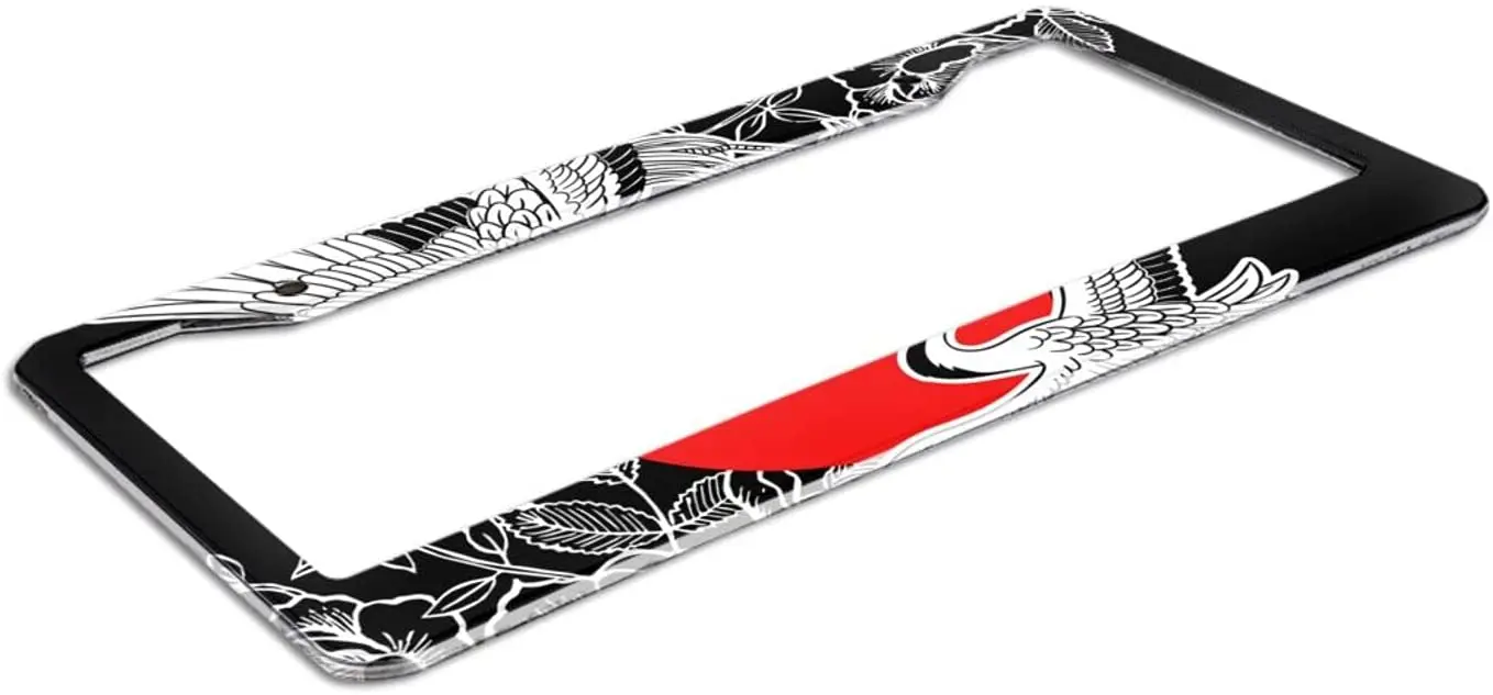 Beautiful Japanese White Cranes License Plate Frame Full Moon and Flowers Decor Aesthetics Red Black Metal License Plate Cover