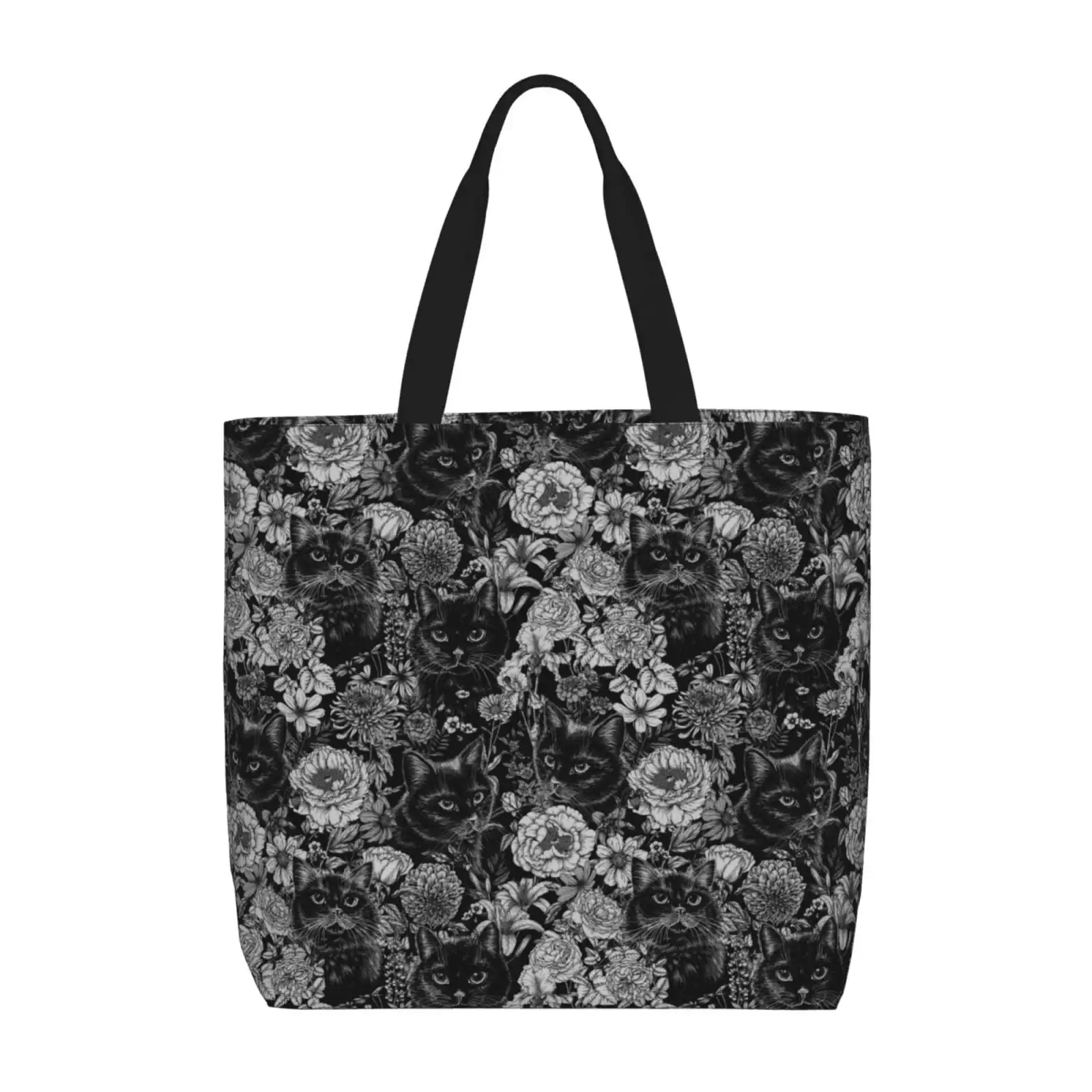 Black Cats In A Garden Print Tote Bag, Reusable Grocery Shopping Bags,Shoulder Bag With Inner Pocket