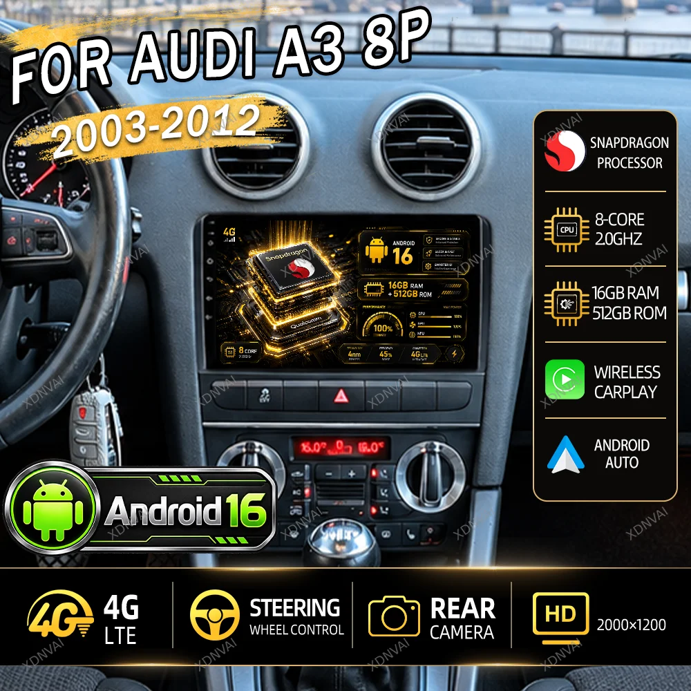 Android 16 For Audi A3 8P 2003-2012 Multimedia Radio Video Player Navigation GPS Autoradio Car Stereo RDS Head Unit DSP 5G WIFI