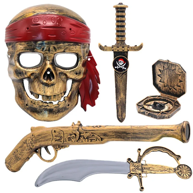 Creative Pirate Game Children's Plastic Sword Pistol Dagger Compass Mask Halloween Costume Accessories Decorations 5pcs