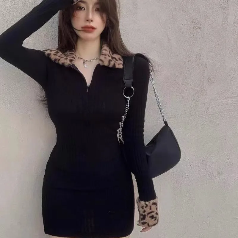 Damskie sukienki mini z długim rękawem na brzuch Streetwear Leopard Lapel Sexy Night Club Black Bodycon Korean Style Trendy Vestidos Chic