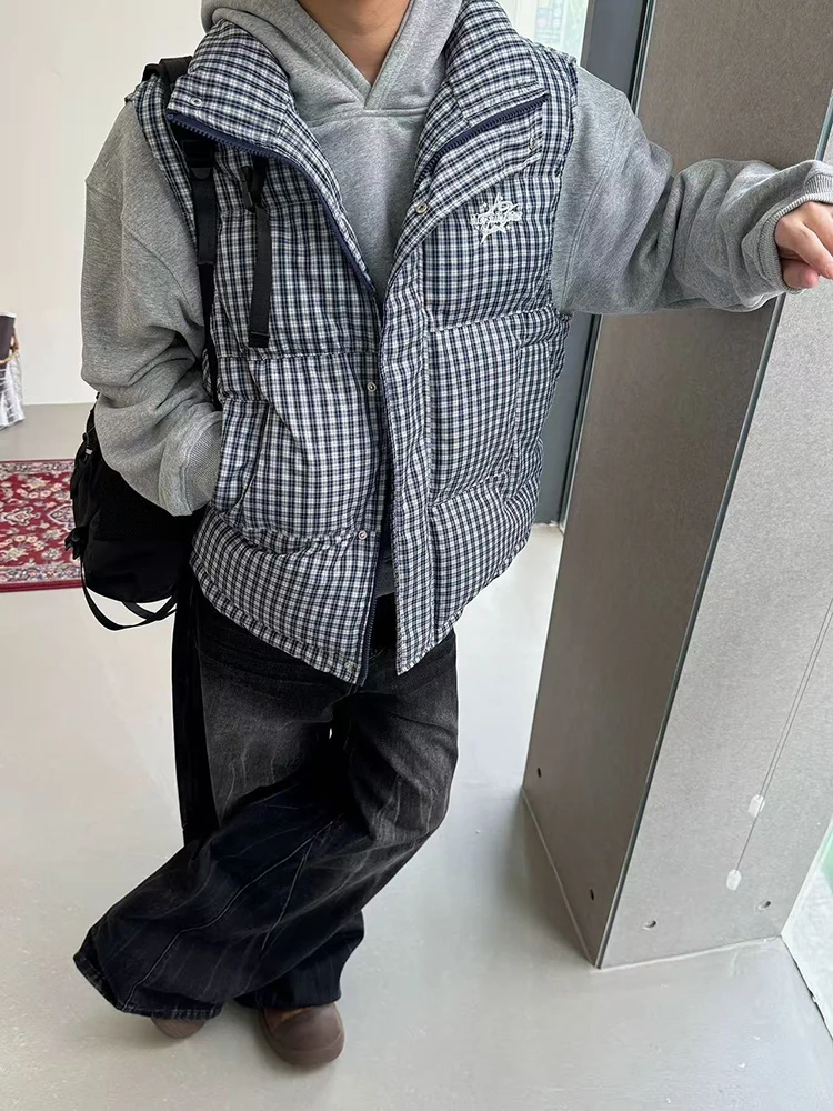 سترة شتوية دافئة سترات نسائية Y2K موضة منقوشة فضفاضة بياقة واقفة سترة Bf ملابس الشارع بدون أكمام معاطف منفوشة للأسفل #6