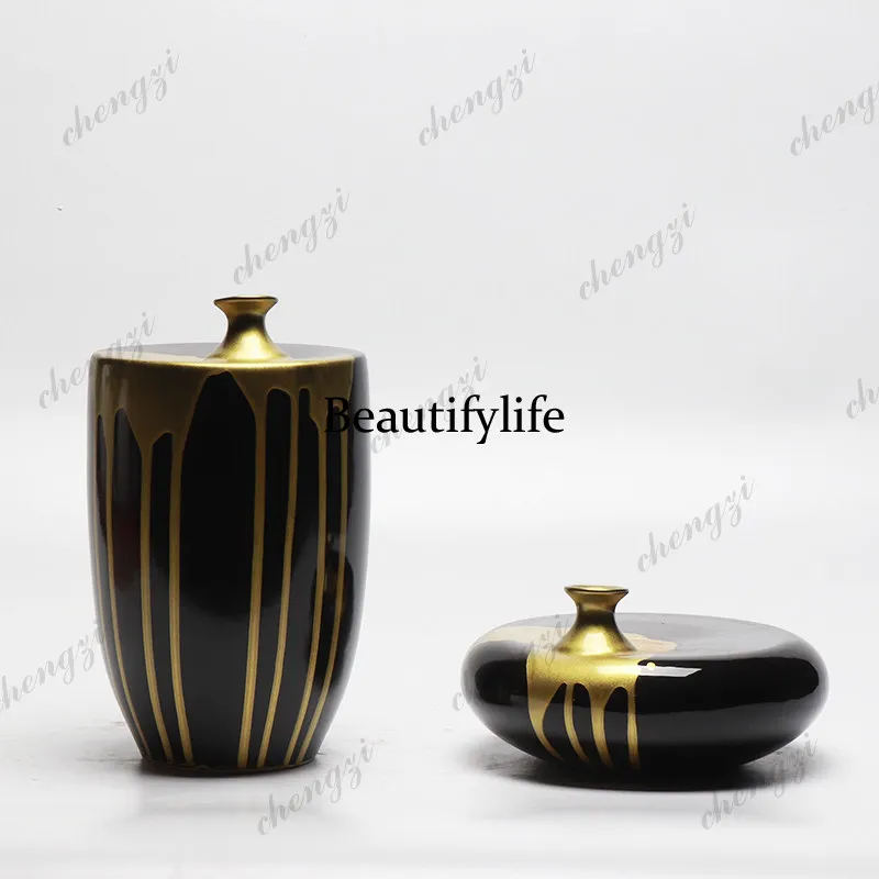 New Chinese modern light luxury hand-painted ceramic vase ornament, living room wine cabinet entrance flower arrangement