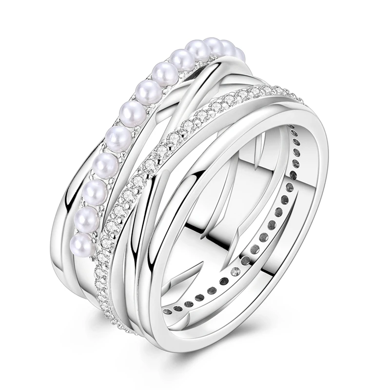 Original 925 Sterling Silver Sparkling Pearl Layered Rings For Women Girls Jewelry Birthday Anniversary Gifts