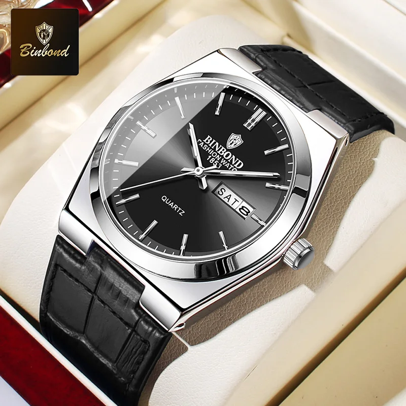 BINBOND лучший бренд класса люкс мужские кварцевые часы оригинальные часы для мужчин водостойкие светящиеся дата неделя кожаный ремешок наручные часы мужские