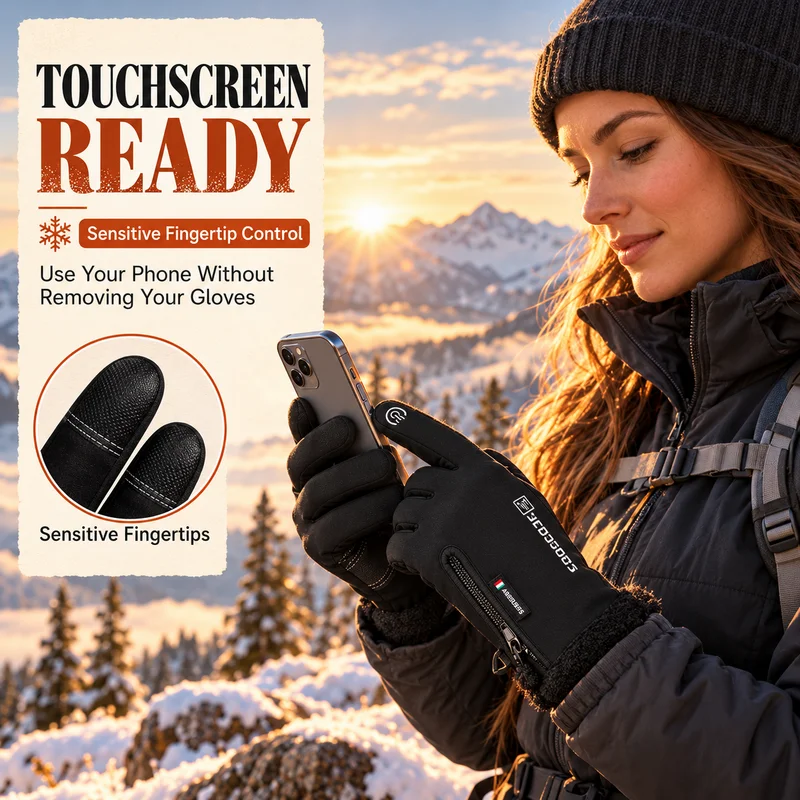 Fleece Trim Cuff Zipper Touch Screen Thermal Gloves Warm Winter Outdoor Gloves for Cycling Running Hiking
