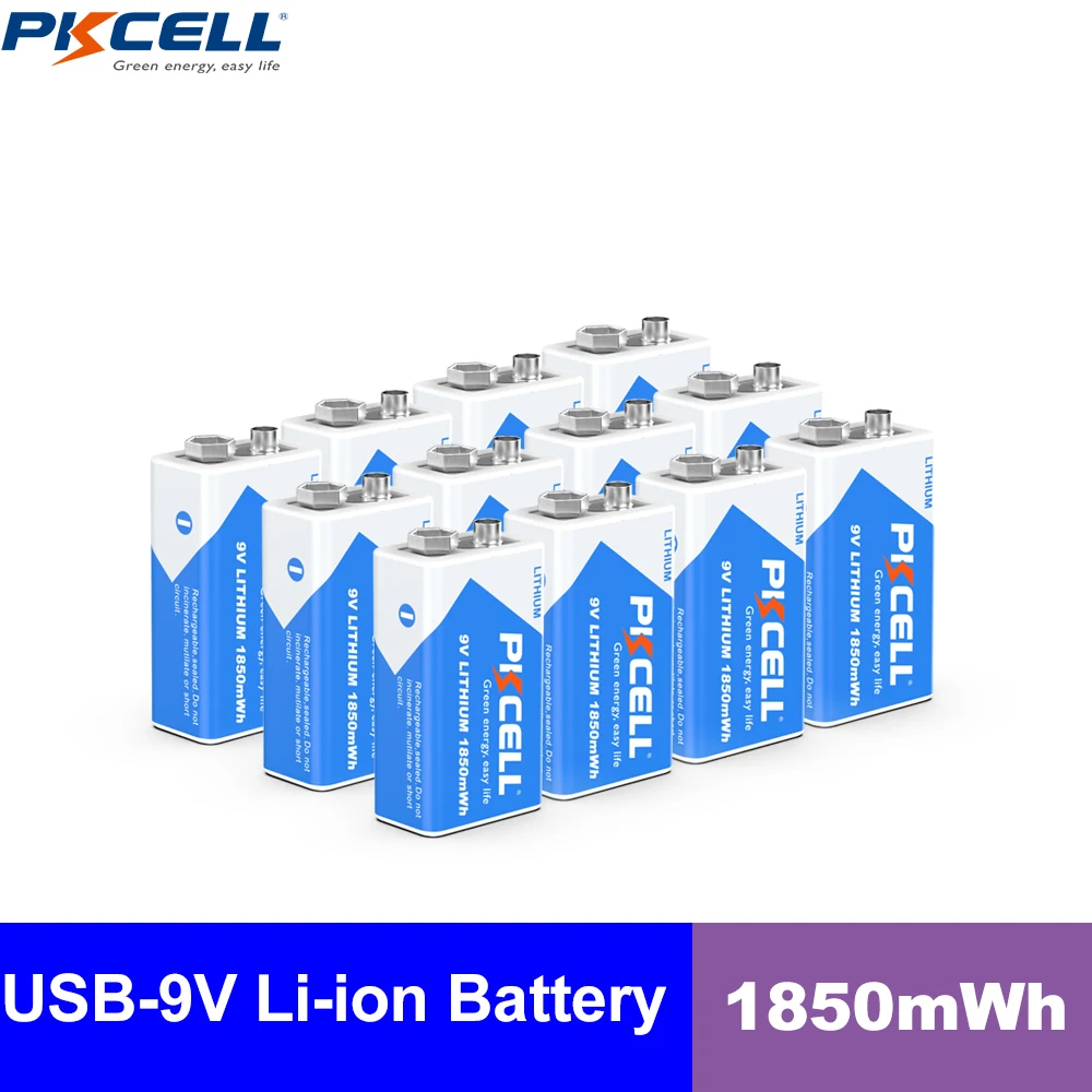 PKCELL 1-12PCS USB 9V 6F22 Rechargeable Battery 1850mWh Type-C Rechargeable 9Volt Li-ion Batteries for RC Multimeter Toy