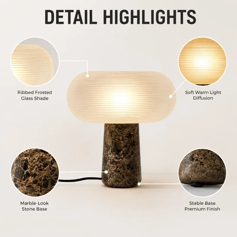 Modern Marble Table Lamp Ribbed Glass Shade Warm LED Designer Bedside Light for Bedroom Living Room Hotel Home Decor Table Lamp