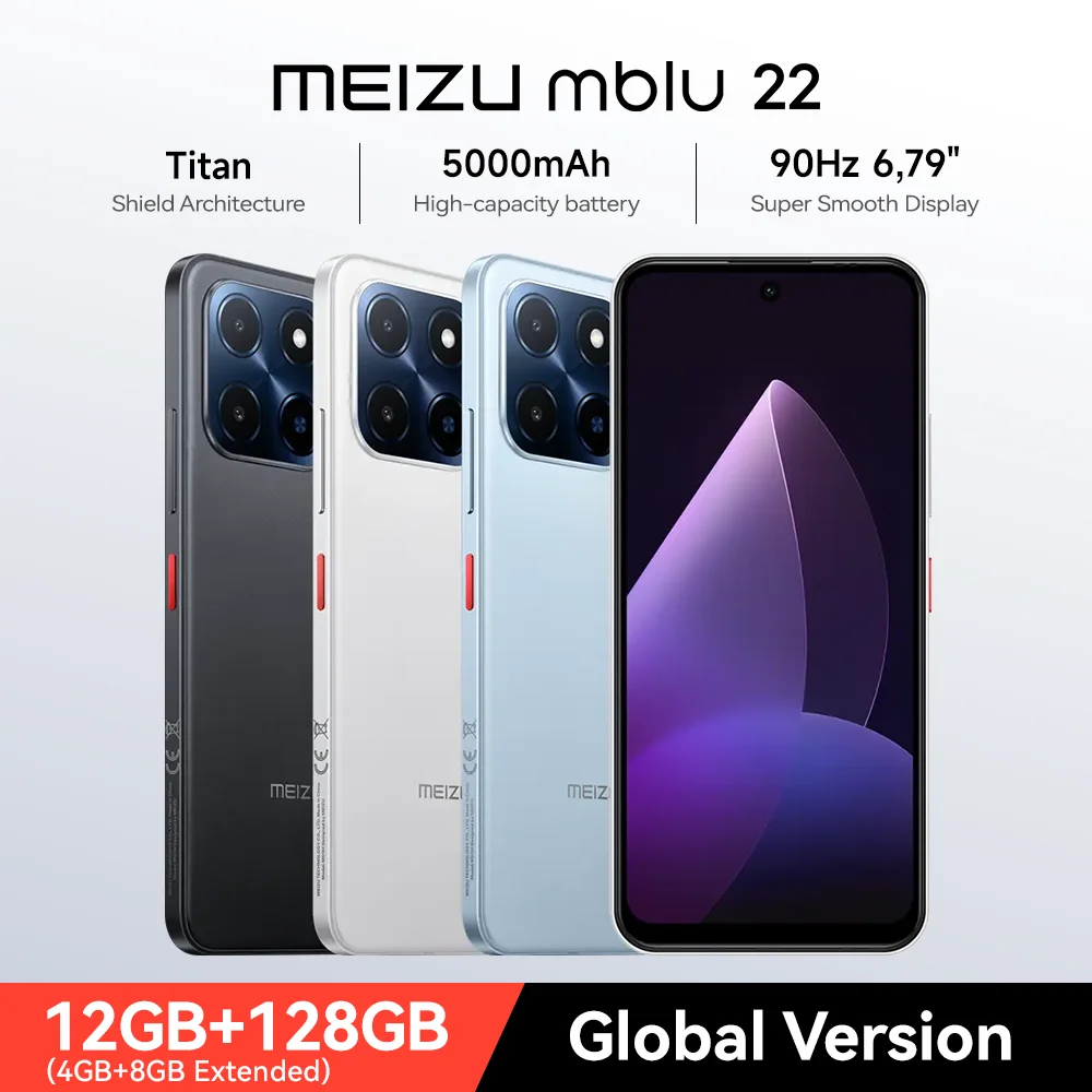 Teléfono Celular Inteligente Meizu Mblu 22 12GB(4+8)/128GB 4G Android 15 Flyme OS, Pantalla de 6.79 Pulgadas, Smartphone con Huella Dactilar y Reconocimiento Facial
