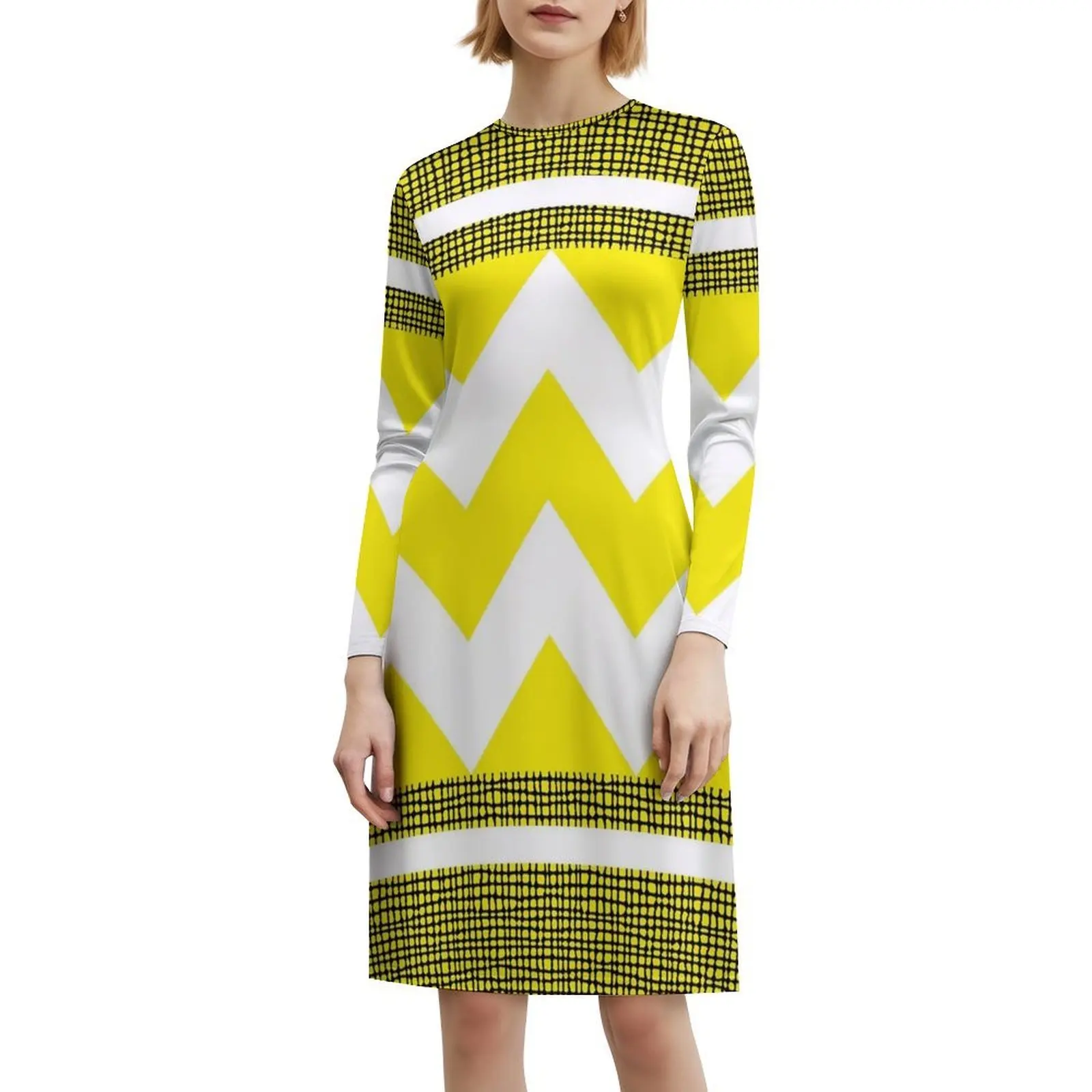 فستان هندسي متعرج الملمس الأبيض والخردل البوهيمي بدون أكمام للنساء طباعة فساتين حفلات الشاطئ هندسية متعرج #6