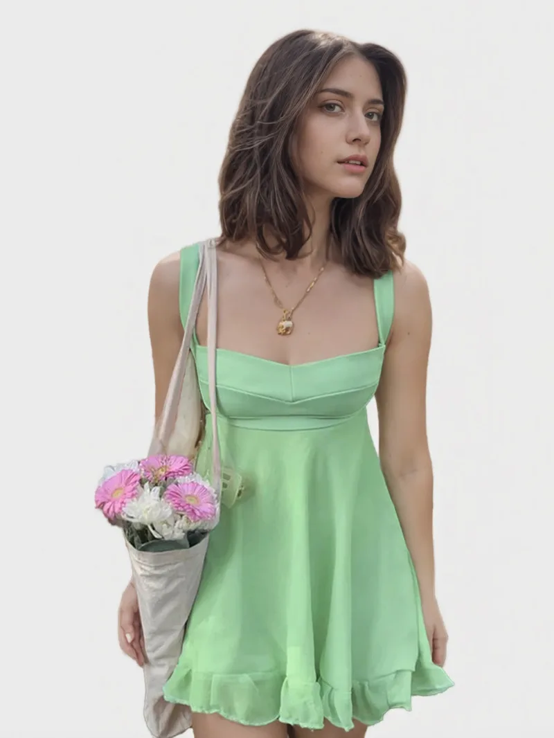 Vestidos Elegantes Para Mujer 솔리드 컬러 컷 아웃 슬림 슬링 드레스 섹시한 백리스 프릴 드레스 여성 그린 스위트 탑 CI8L