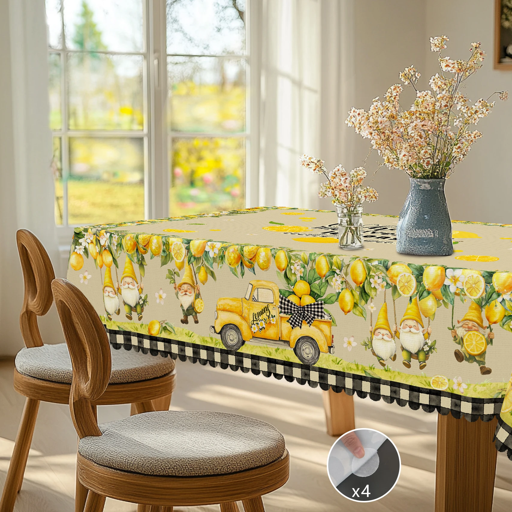 1 Piece of Spring and Summer Lemon Round and Rectangular Tablecloth, Available in Various Sizes, Spring and Summer Lemon and Dwarf Print Pattern Design, Farmhouse, Suitable for Home Kitchen, Tablecloths for Afternoon Tea, Suitable for Cooperative Gifts
