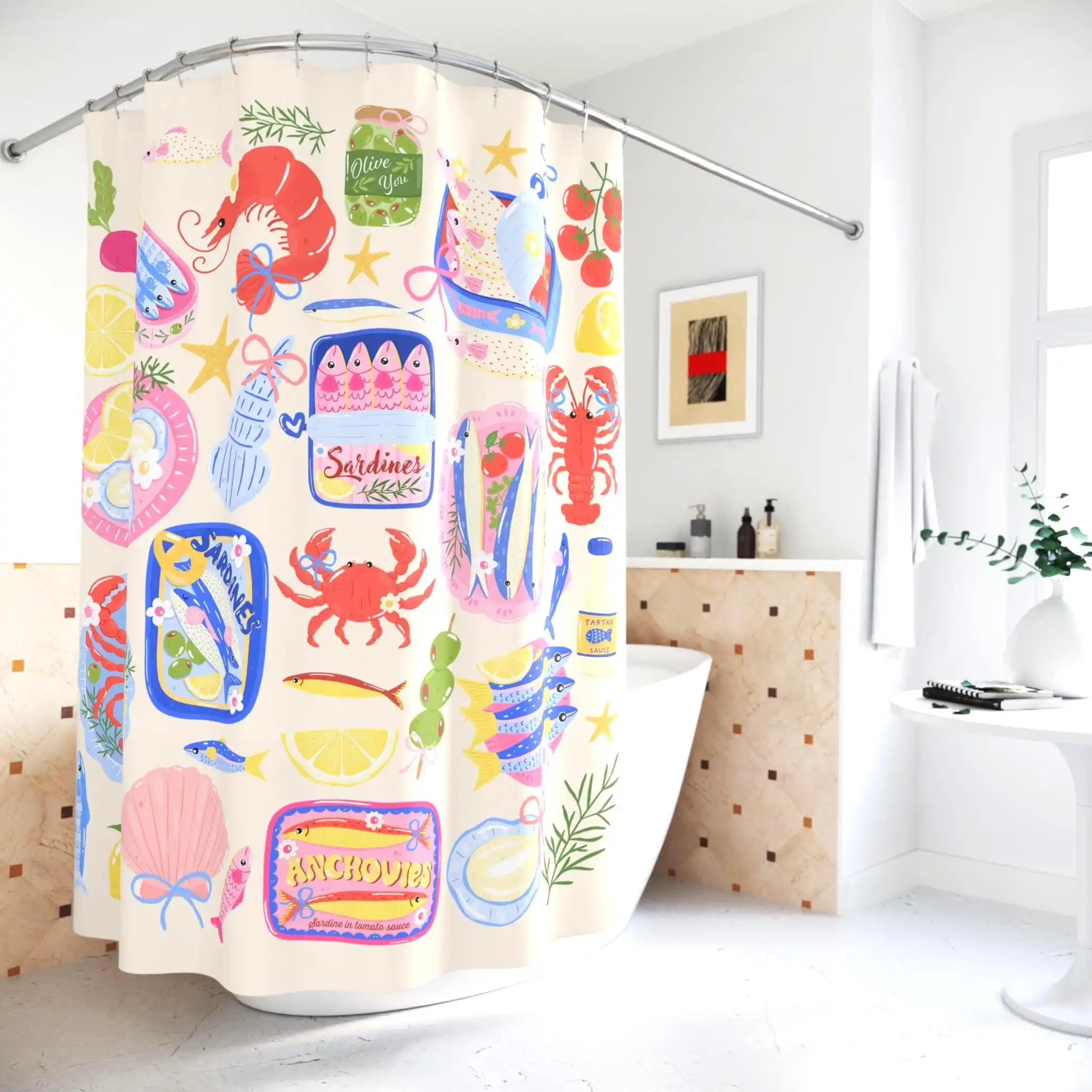 Fun Retro Seafood Shower Curtain Nautical Beach Animals Design Bathroom Decor Coastal Style